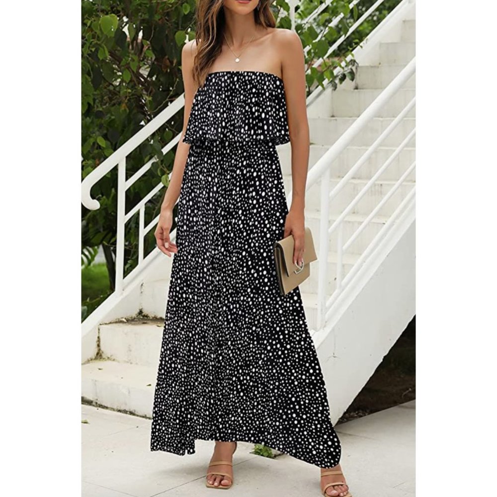 Boho Polka Dot Printed Ruffle Strapless Flowy Long Summer Maxi Dress - Picture 6 of 6